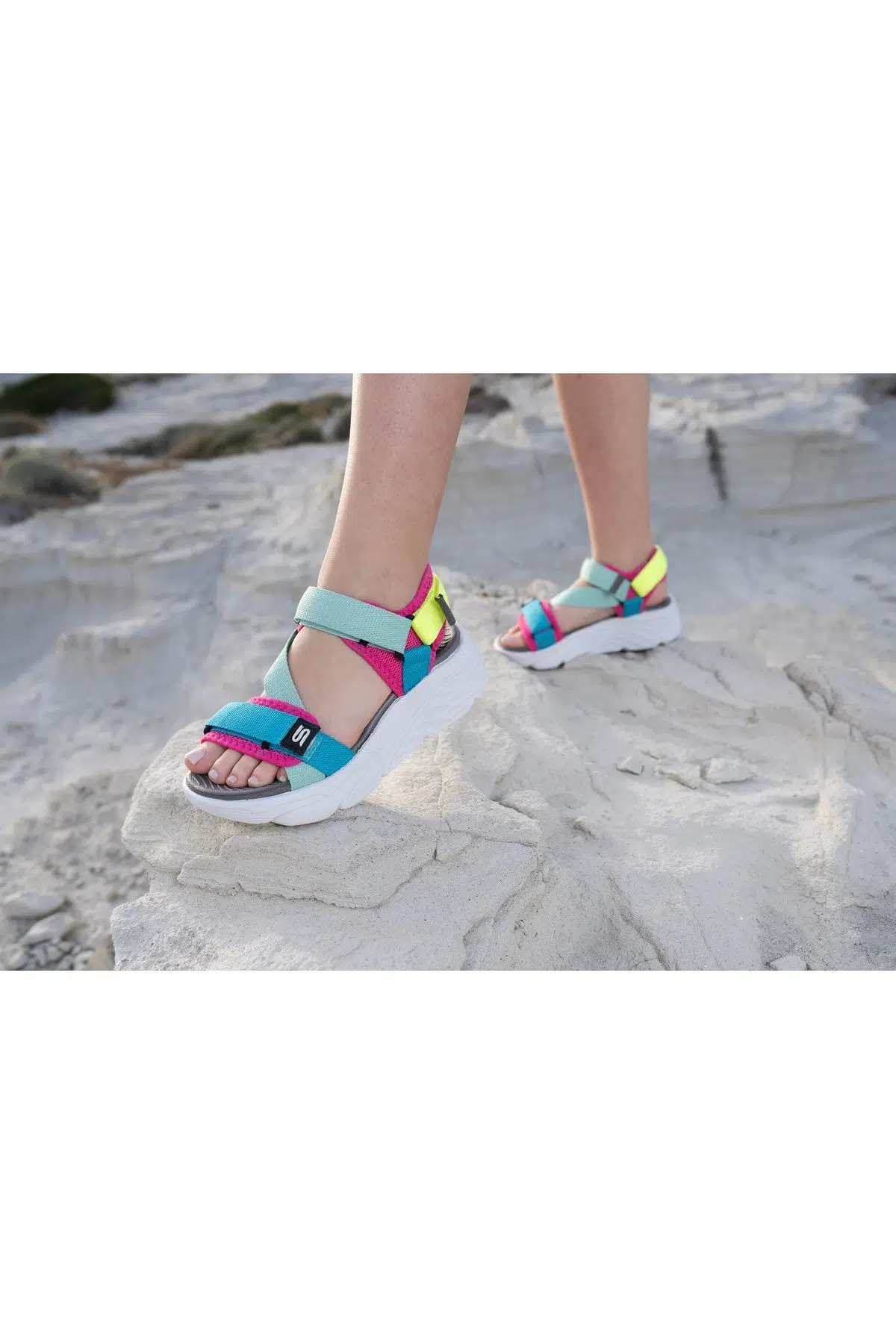 Kadın Dolgu Topuk Cırtlı Günlük Spor Sandalet Ss001-0178.Yeşil Mavi - YEŞİL-MAVİ