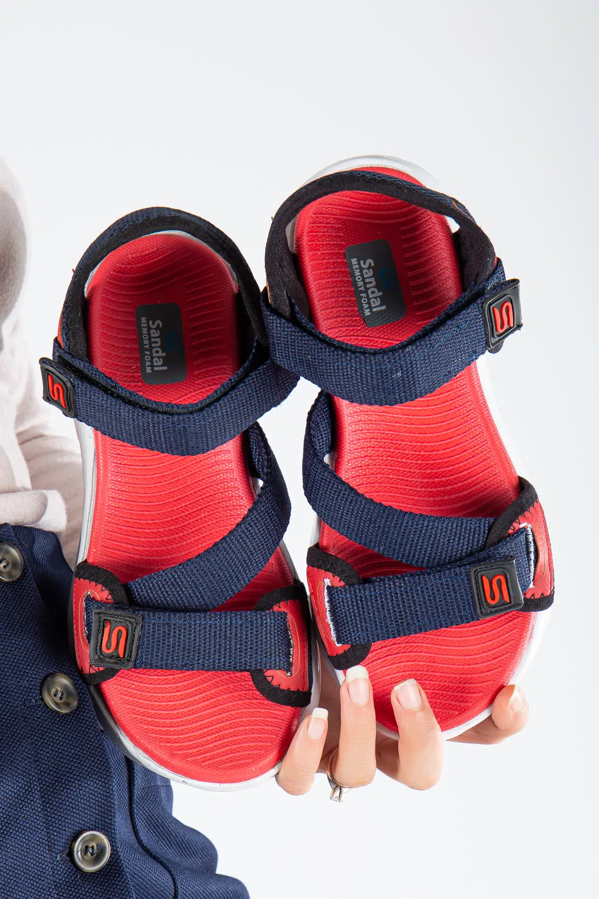 Kadın Günlük Faylon Dolgu Taban Cırtlı Spor Günlük Sandalet SS001-0148 Lacivert Kırmızı - LACİ- KRMZ