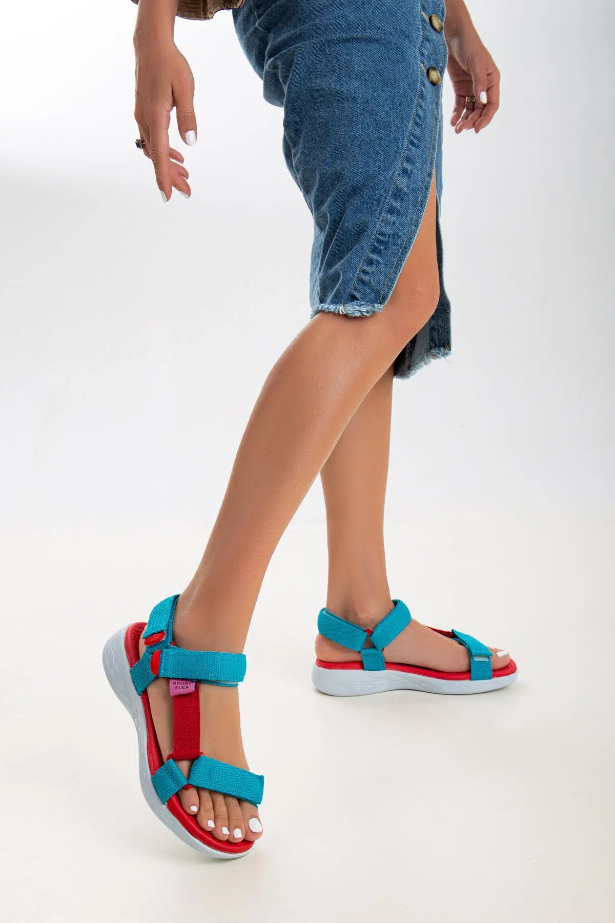 Kadın Kısa Topuk Rahat Taban Cırtlı Günlük Spor Sandalet SS001-0158 Mavi Kırmızı - MAVİ KRMZ